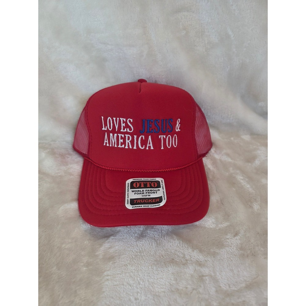 OTTO Red Trucker Hat‎ Loves Jesus America Too Mesh Snapback